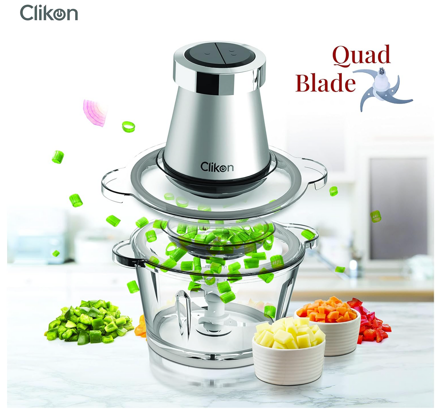 Clikon 2 Litre Electric Food Chopper/Meat Processor with Garlic Skin Peeler Attachment, 2 Speed Setting, Detachable Stainless Steel Quad Blades, 350 Watts, Silver ( No warranty / Guarantee )