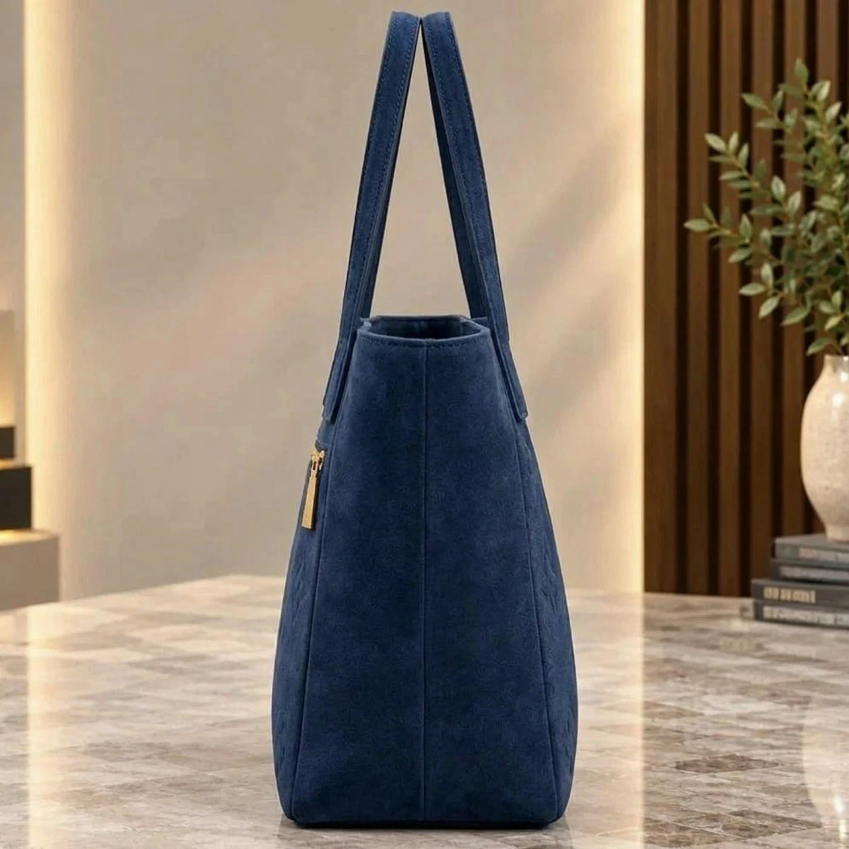 Blue Suede Tote Bag for Women Large Shoulder Purse Handbag, Casual Everyday Bag