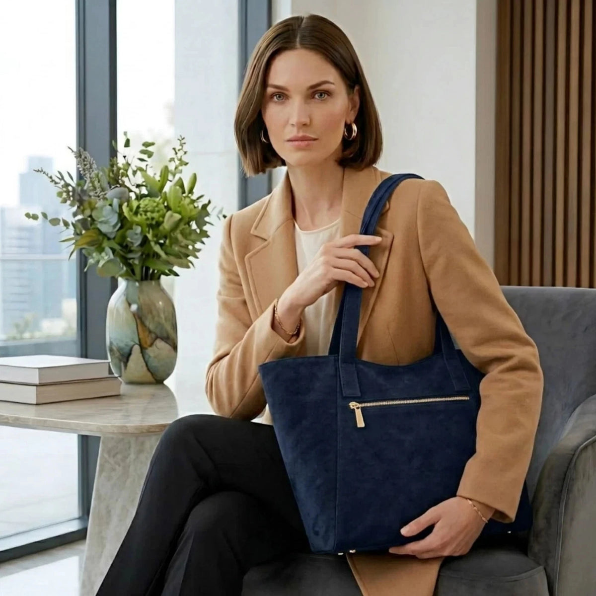 Blue Suede Tote Bag for Women Large Shoulder Purse Handbag, Casual Everyday Bag