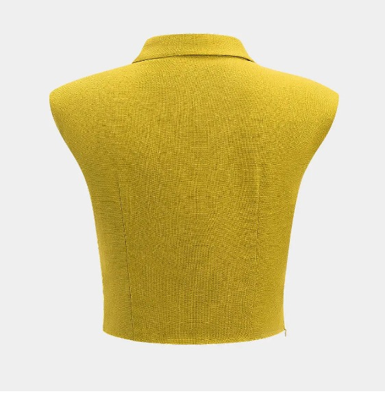 Women's Mustard Yellow Sleeveless Collared Wrap Front Crop Top