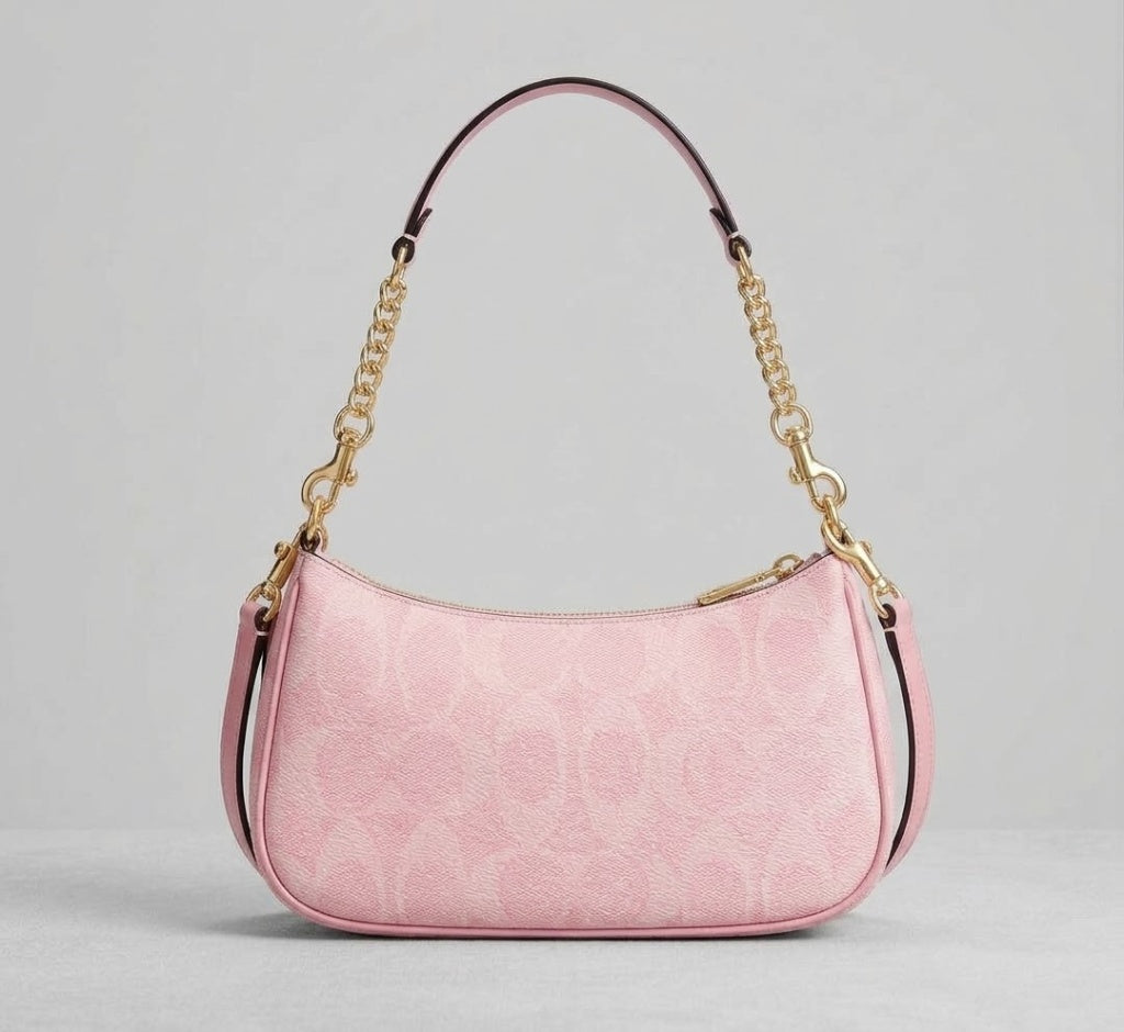 Women's Pink Monogram Shoulder Bag with Gold Chain Strap – Stylish Everyday Handbag