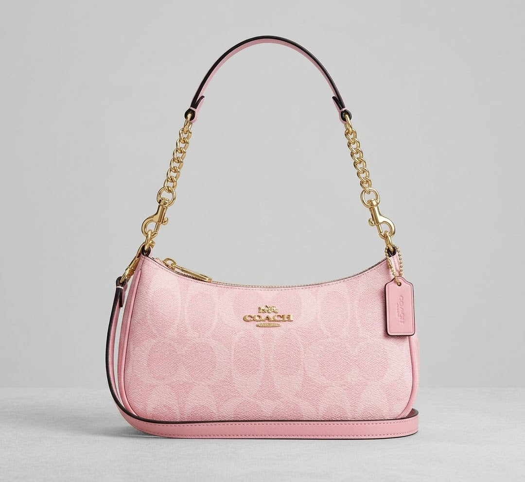 Women's Pink Monogram Shoulder Bag with Gold Chain Strap – Stylish Everyday Handbag
