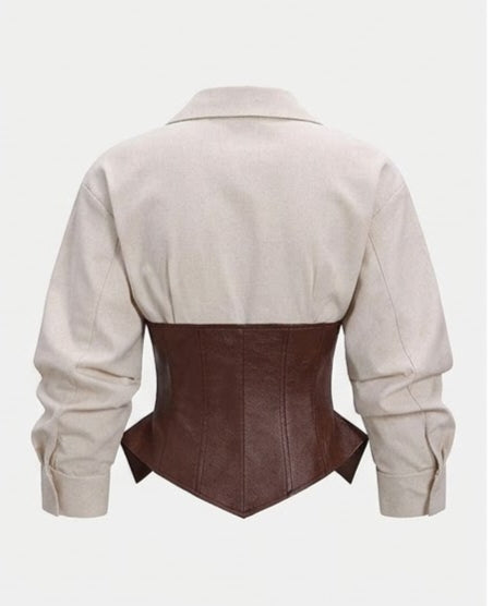 Women's Ivory Collared Blouse with Brown Corset Waist and Long Sleeves