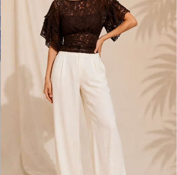 Women's Floral Lace Crop Top with Flutter Sleeves – Dark Brown