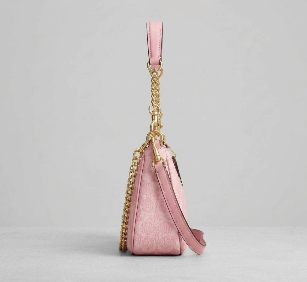 Women's Pink Monogram Shoulder Bag with Gold Chain Strap – Stylish Everyday Handbag