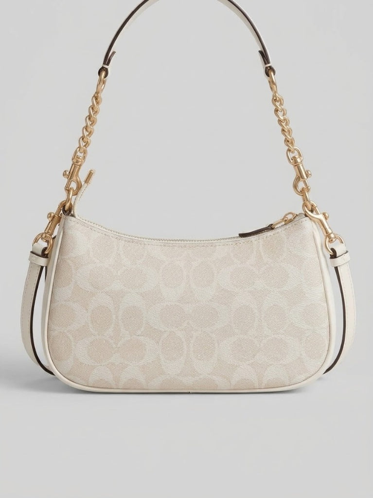 Coach Signature Canvas Shoulder Bag – Chalk White & Tan Gold-Tone Chain Strap
