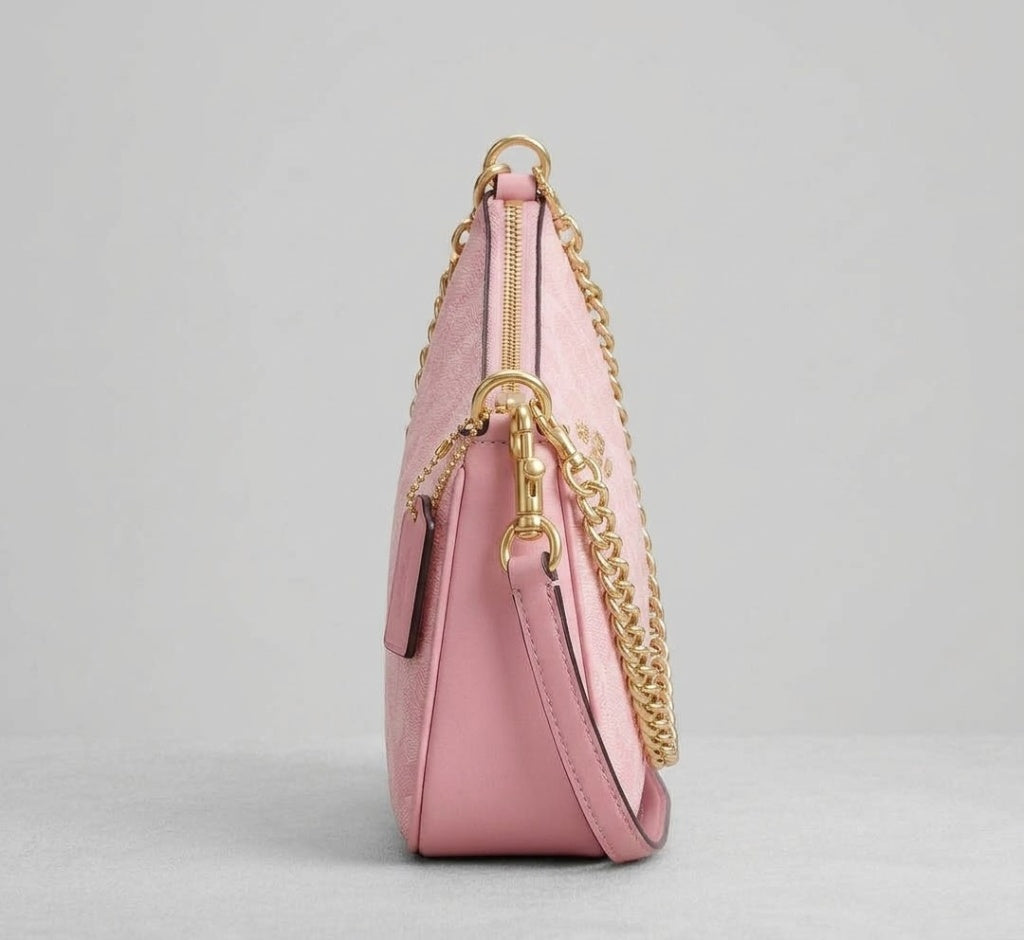 Women's Pink Monogram Shoulder Bag with Gold Chain Strap – Stylish Everyday Handbag