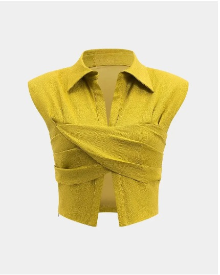 Women's Mustard Yellow Sleeveless Collared Wrap Front Crop Top