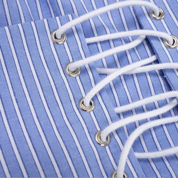 Women's Blue & White Pinstripe Button-Up Peplum Shirt – Long Sleeve Fitted Waist Blouse
