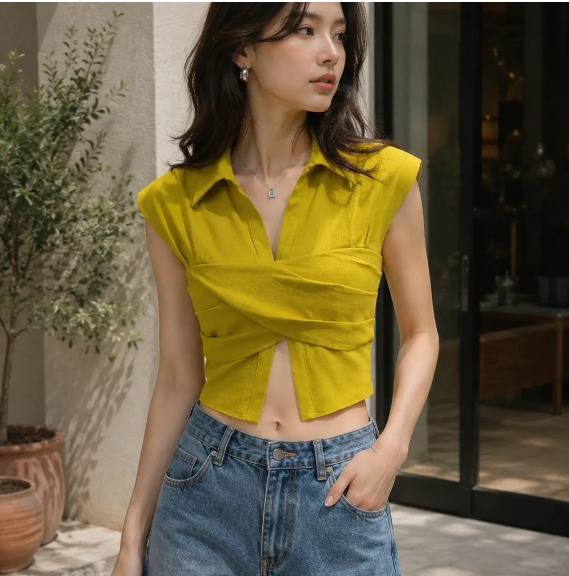 Women's Mustard Yellow Sleeveless Collared Wrap Front Crop Top