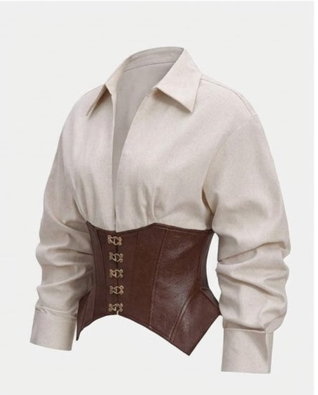 Women's Ivory Collared Blouse with Brown Corset Waist and Long Sleeves