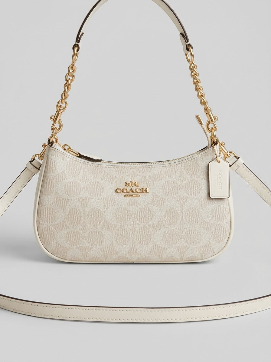Coach Signature Canvas Shoulder Bag – Chalk White & Tan Gold-Tone Chain Strap