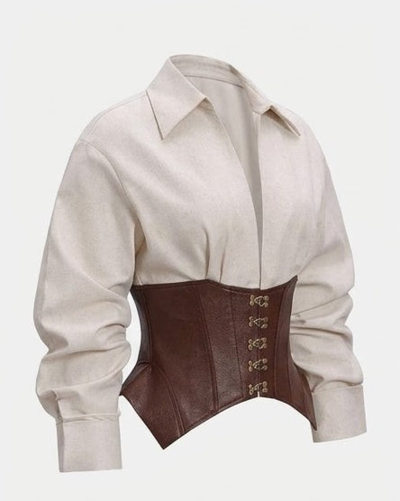 Women's Ivory Collared Blouse with Brown Corset Waist and Long Sleeves