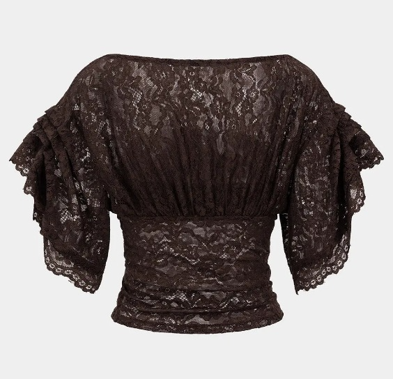 Women's Floral Lace Crop Top with Flutter Sleeves – Dark Brown