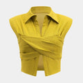 Women's Mustard Yellow Sleeveless Collared Wrap Front Crop Top