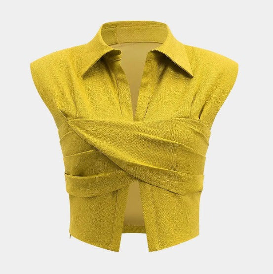 Women's Mustard Yellow Sleeveless Collared Wrap Front Crop Top