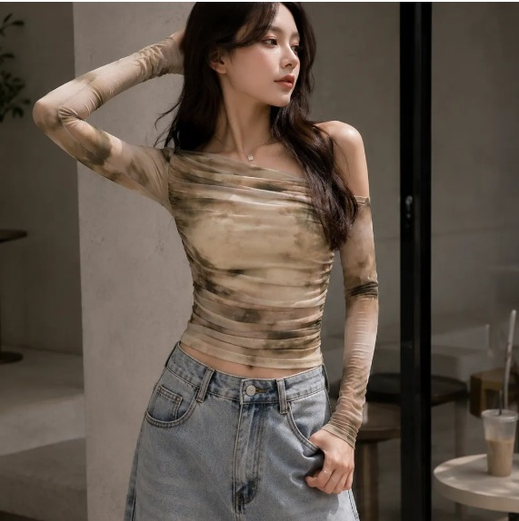 Women's Tie-Dye One Shoulder Ruched Crop Top