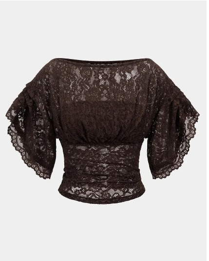 Women's Floral Lace Crop Top with Flutter Sleeves – Dark Brown