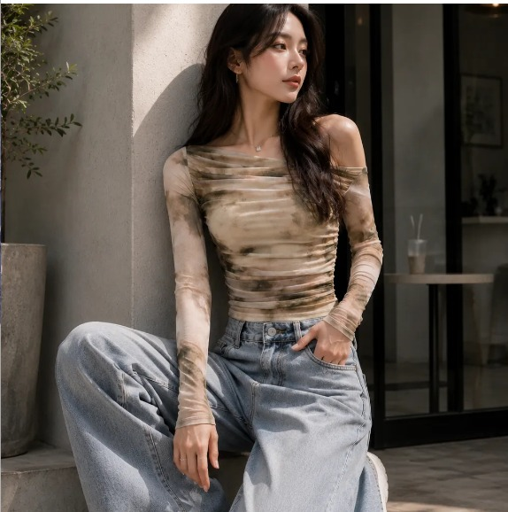 Women's Tie-Dye One Shoulder Ruched Crop Top