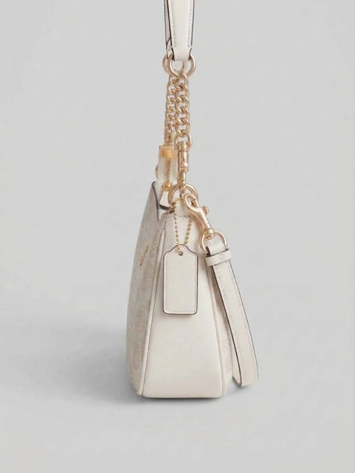 Coach Signature Canvas Shoulder Bag – Chalk White & Tan Gold-Tone Chain Strap