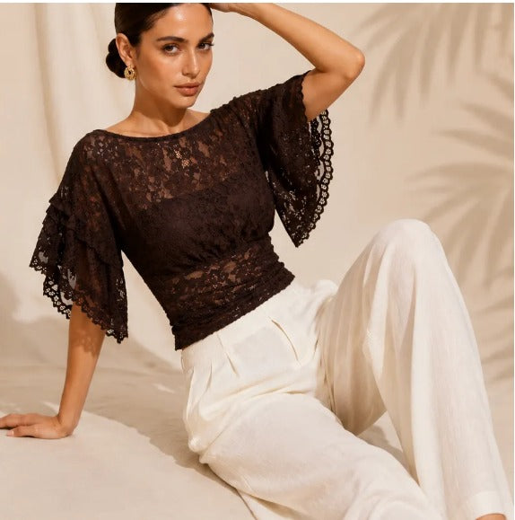 Women's Floral Lace Crop Top with Flutter Sleeves – Dark Brown