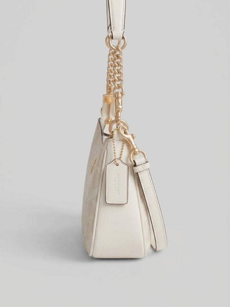 Coach Signature Canvas Shoulder Bag – Chalk White & Tan Gold-Tone Chain Strap