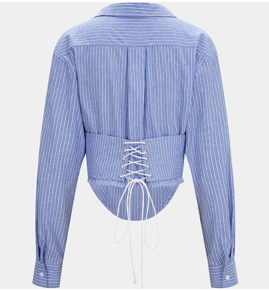 Women's Blue & White Pinstripe Button-Up Peplum Shirt – Long Sleeve Fitted Waist Blouse
