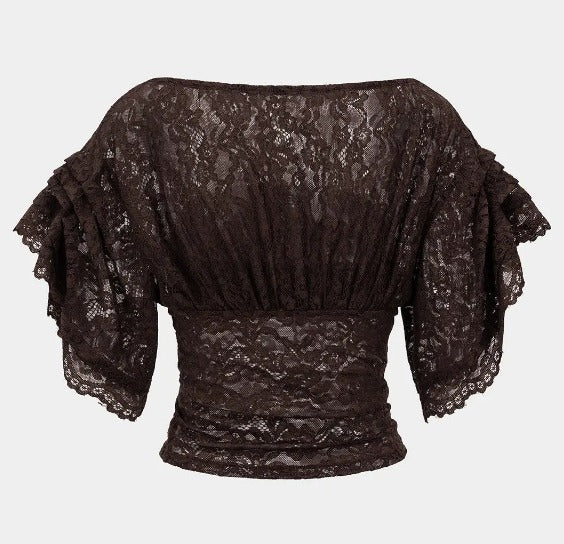 Women's Floral Lace Crop Top with Flutter Sleeves – Dark Brown