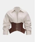 Women's Ivory Collared Blouse with Brown Corset Waist and Long Sleeves