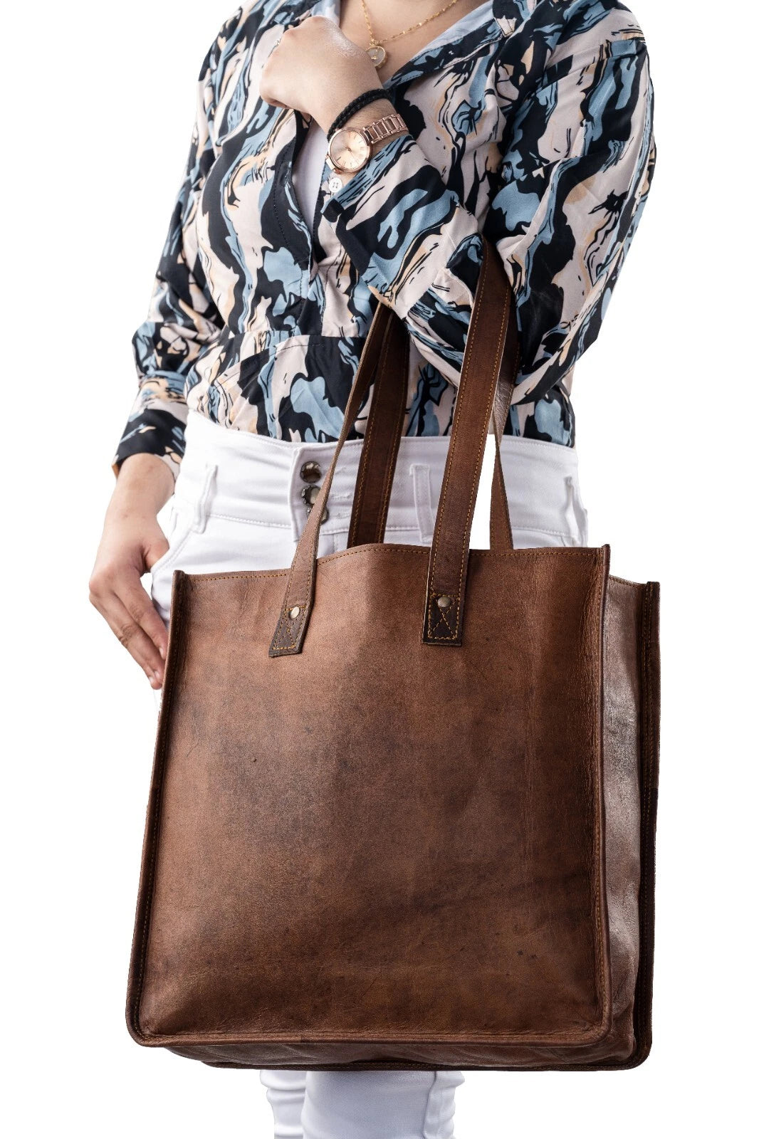 Womens Full Grain Leather Tote Bag Brown Large Shoulder Work Handbag Handmade