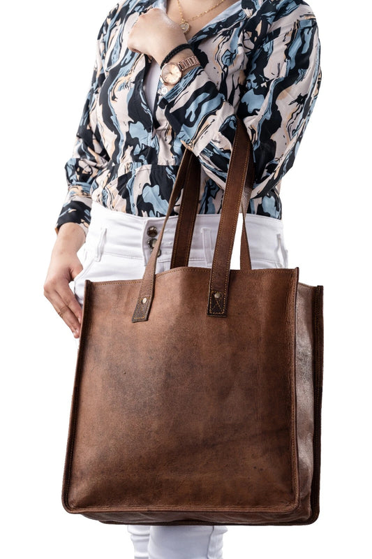 Womens Full Grain Leather Tote Bag Brown Large Shoulder Work Handbag Handmade