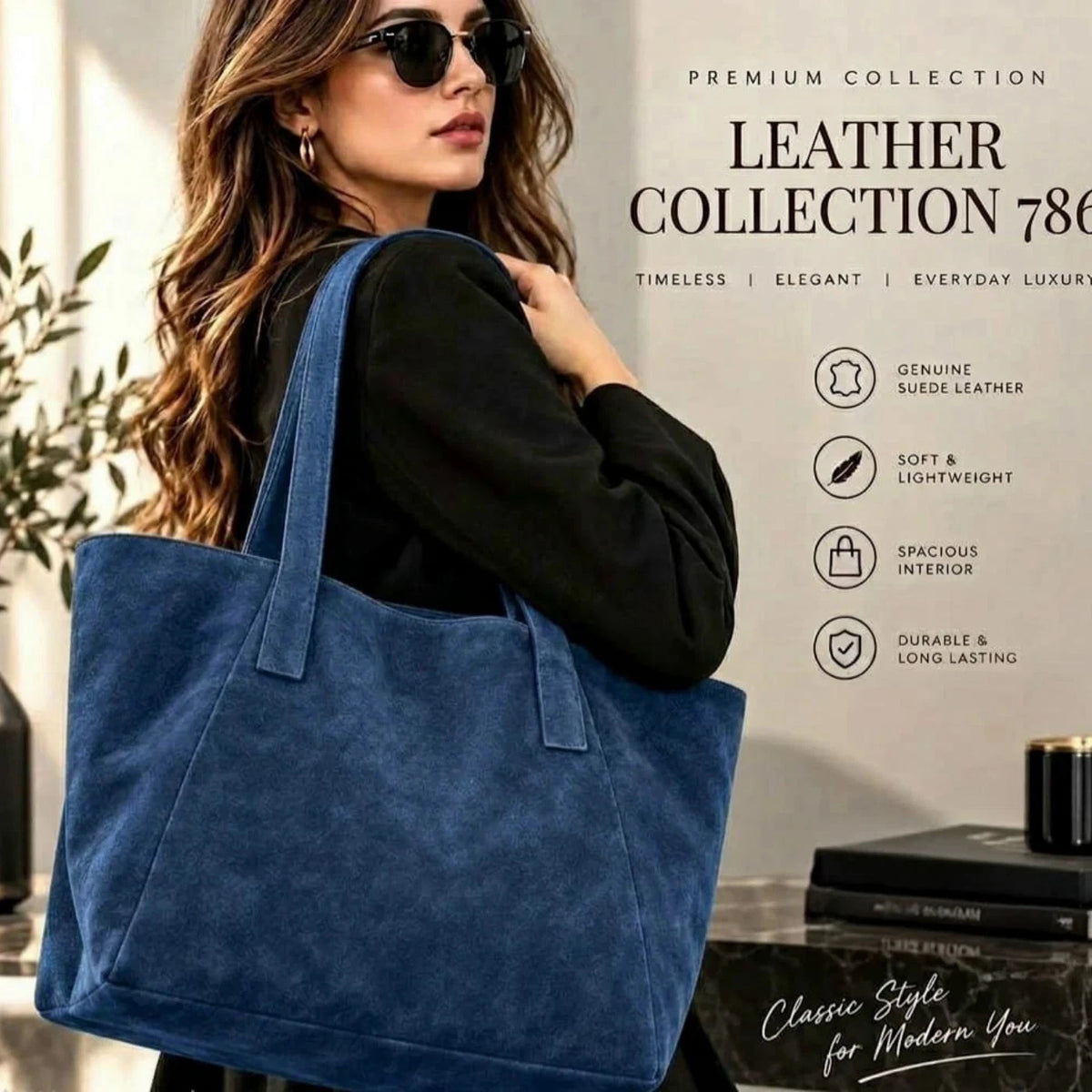 Blue Suede Tote Bag for Women Large Shoulder Purse Handbag, Casual Everyday Bag