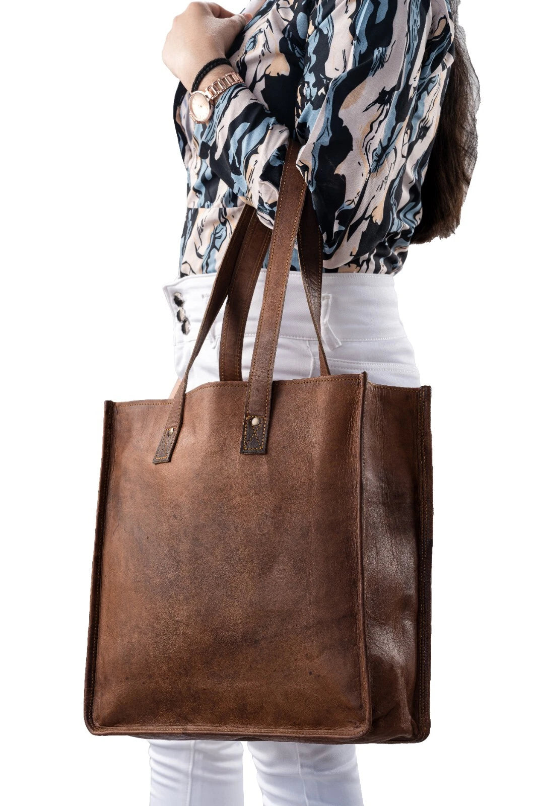 Womens Full Grain Leather Tote Bag Brown Large Shoulder Work Handbag Handmade