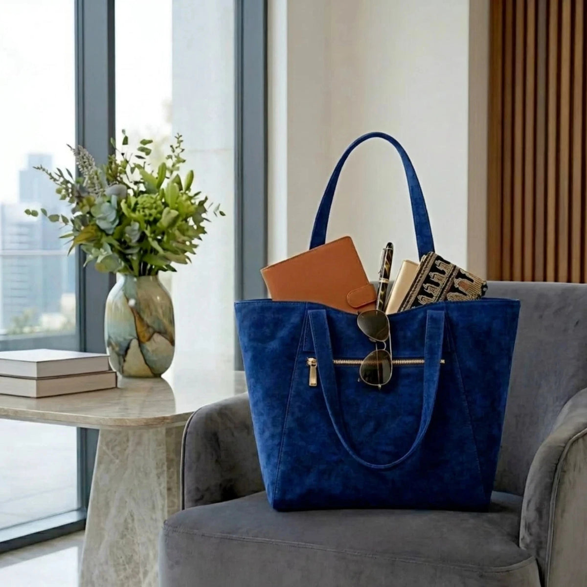 Blue Suede Tote Bag for Women Large Shoulder Purse Handbag, Casual Everyday Bag