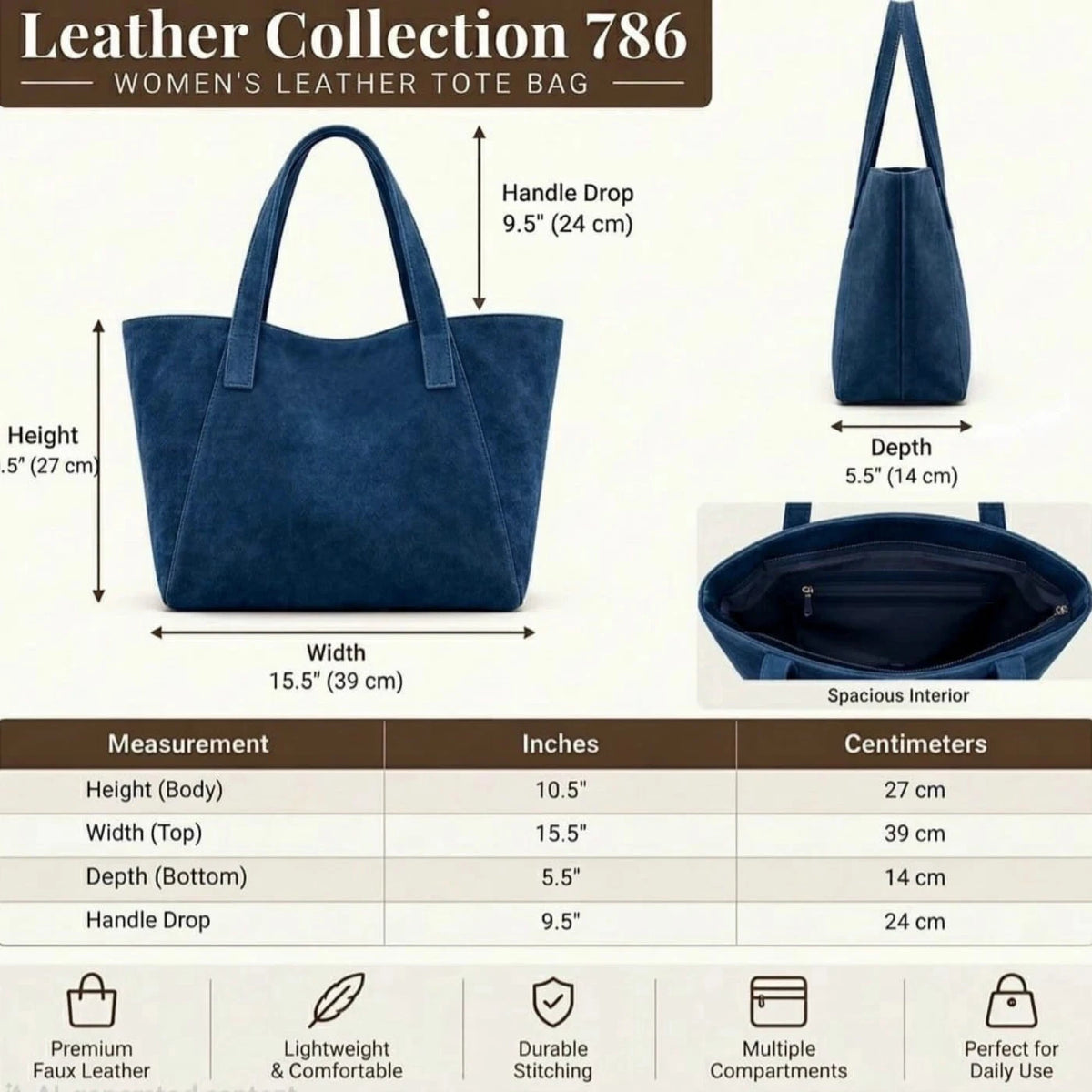 Blue Suede Tote Bag for Women Large Shoulder Purse Handbag, Casual Everyday Bag
