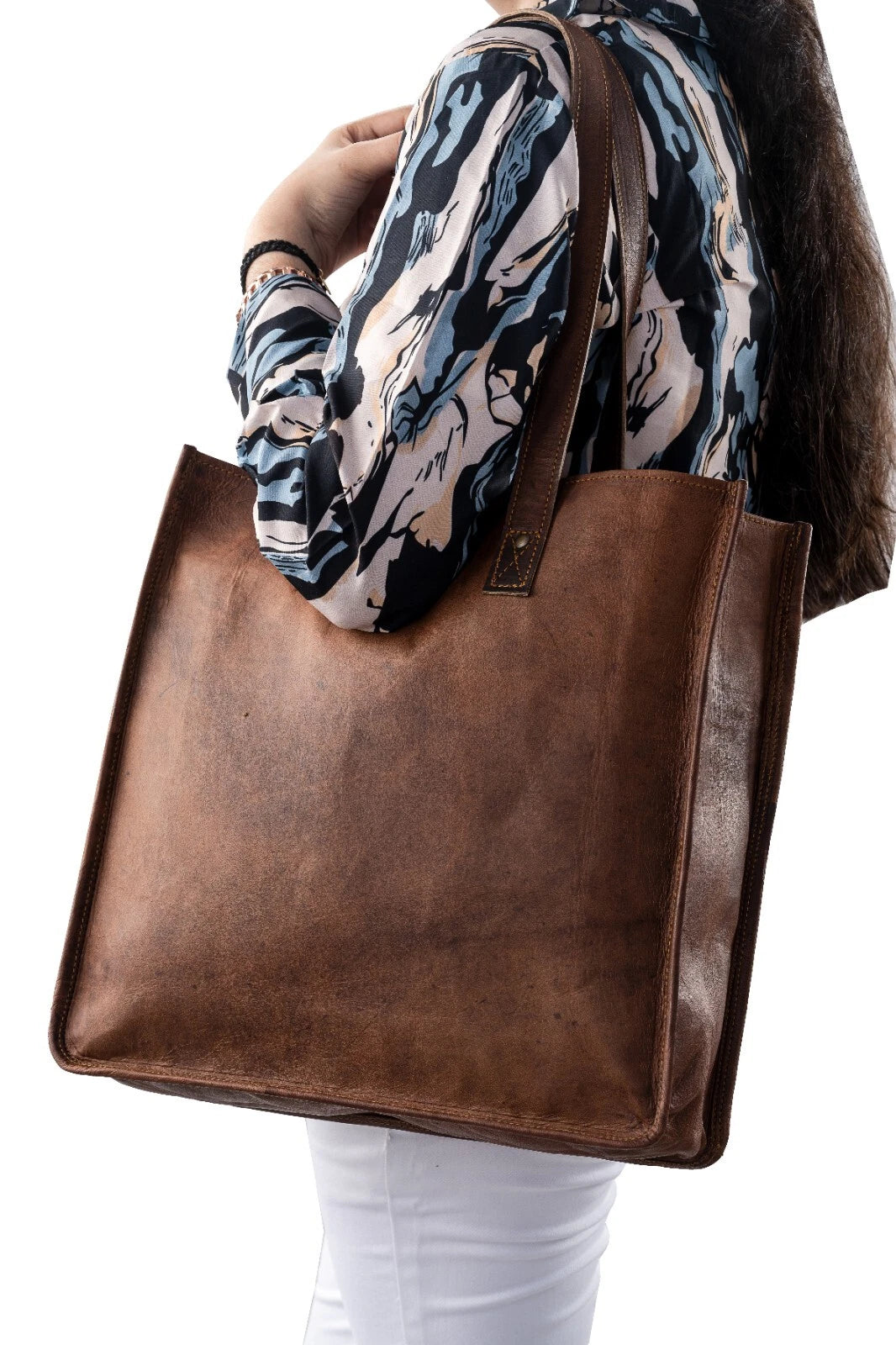 Womens Full Grain Leather Tote Bag Brown Large Shoulder Work Handbag Handmade